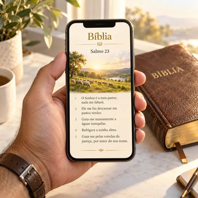 Mão segurando um celular com uma passagem da Bíblia na tela