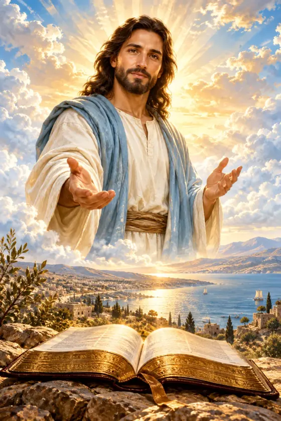 Jesus em uma paisagem da Galileia com Bíblia e céu iluminado