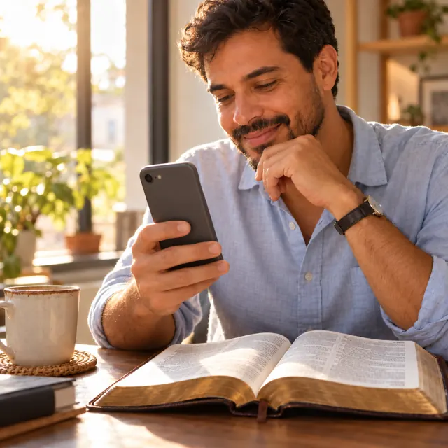 Homem sorrindo enquanto lê no celular com uma Bíblia aberta à sua frente